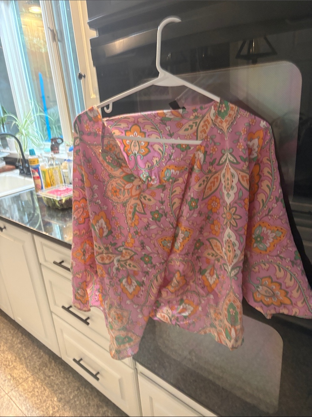 Pink Paisley V-Neck Three-Quarter Sleeve Blouse